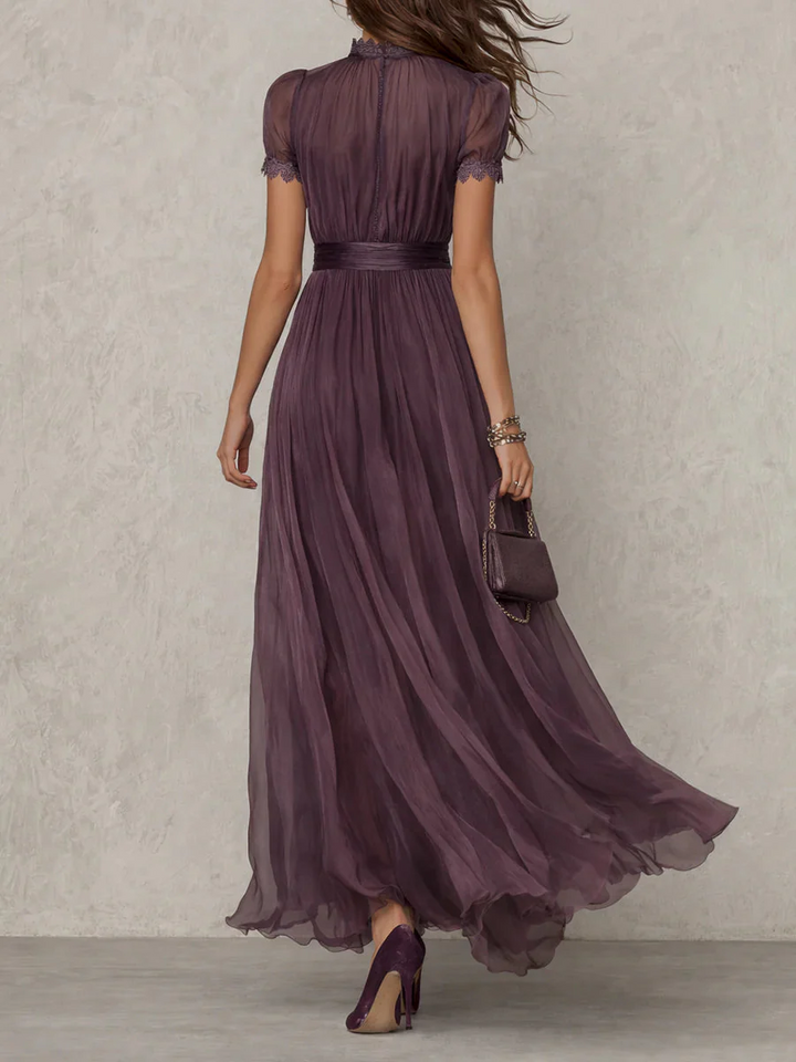 Adeline | Women's High Neck Pleated Maxi Dress Puff Sleeves Fitted Waist