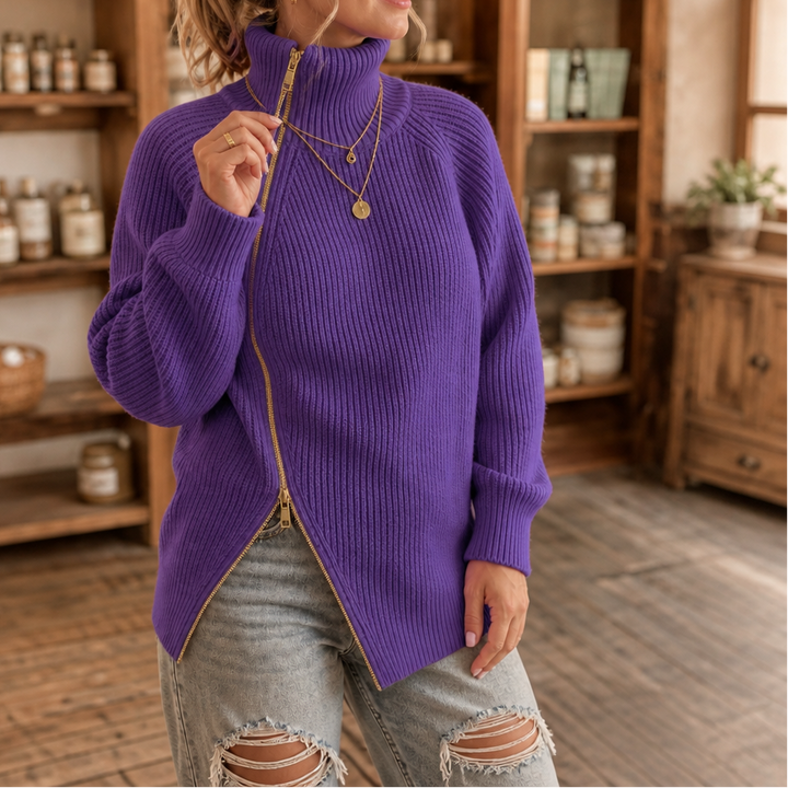 Amelia | Women's Knitted Jumper Asymmetric Diagonal Zip Neckline