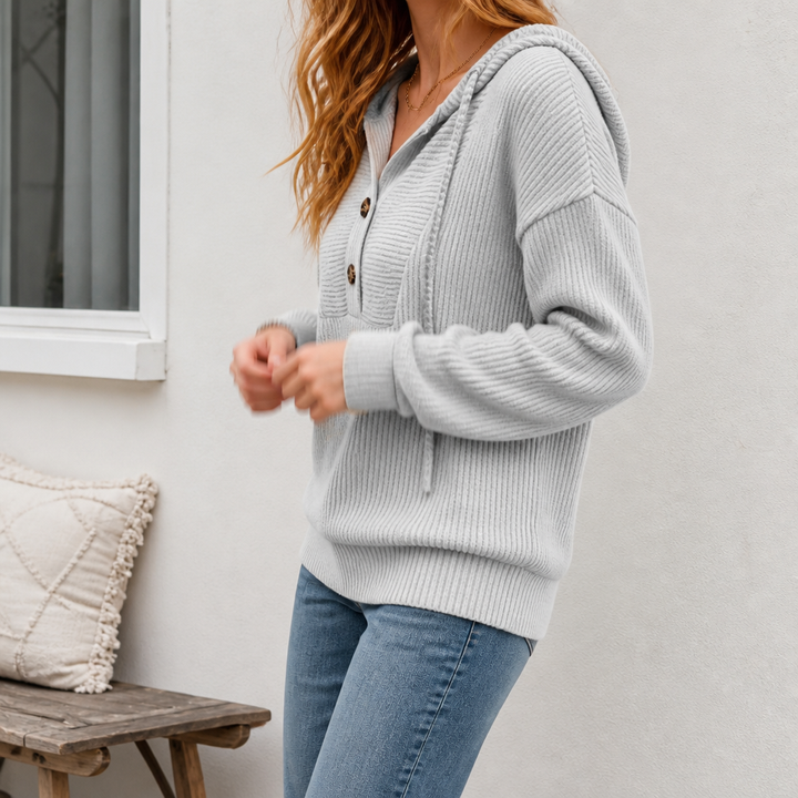 Sofia | Women's Hooded Ribbed Knitted Jumper Button Neck