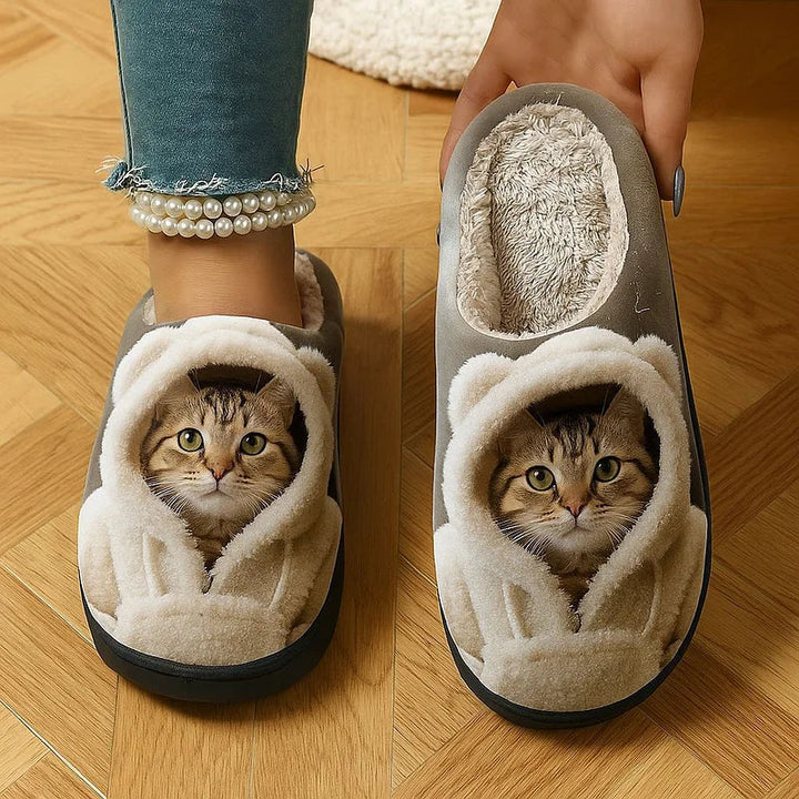 Adorable 3D Cat Head Cozy Slip-On Slippers