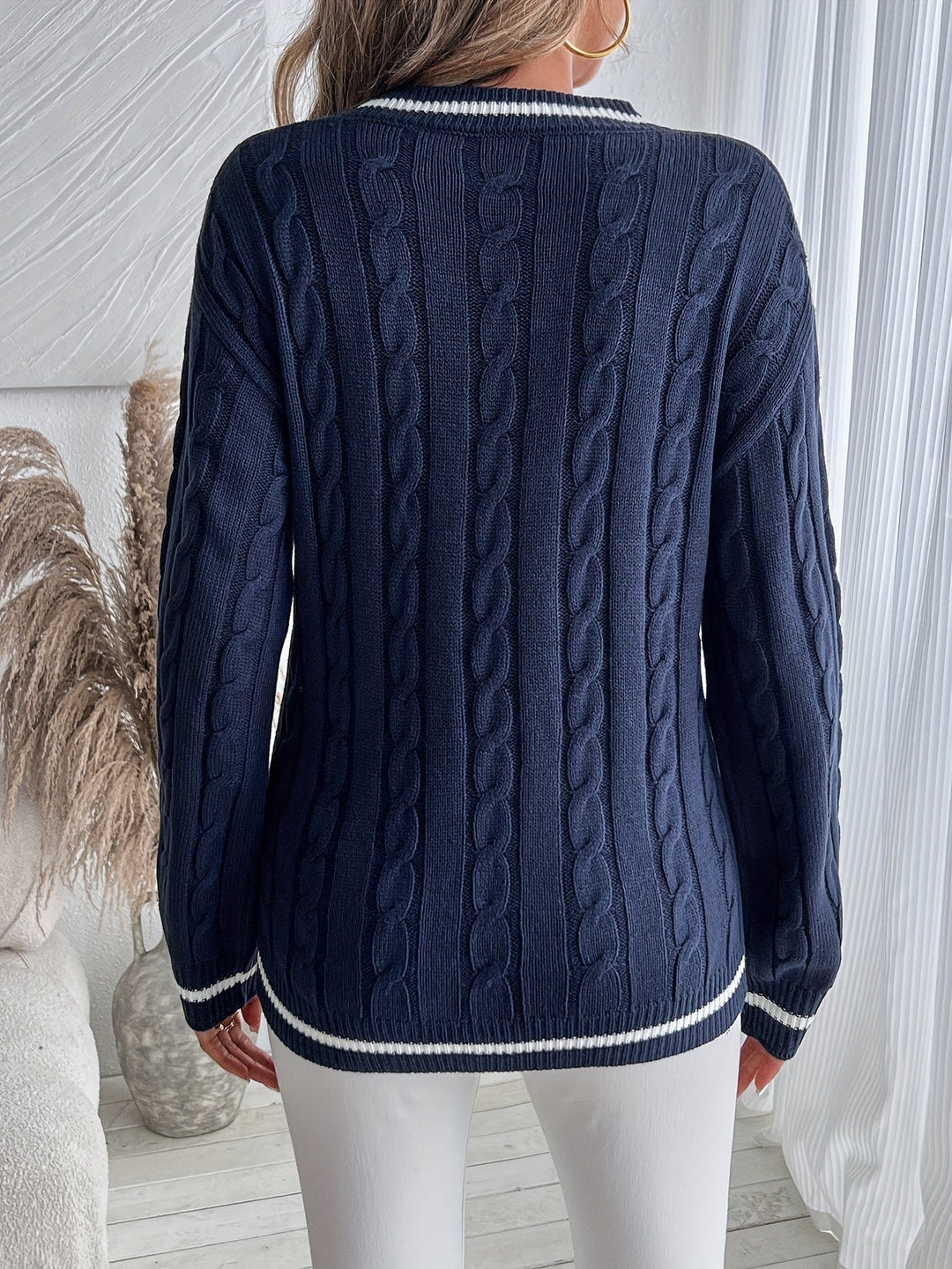 Kunigunde | Women's Cable Knit V-Neck Jumper Contrast Trim