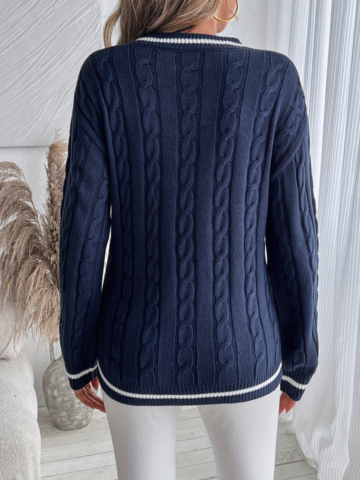 Kunigunde | Women's Cable Knit V-Neck Jumper Contrast Trim