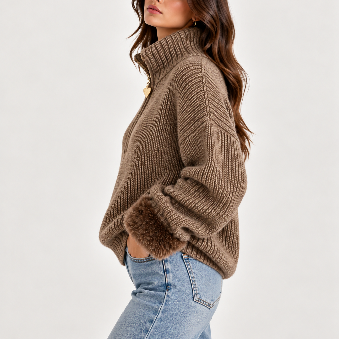 Naomi | Women's Oversized Half-Zip Knit Jumper with Faux Fur Cuffs