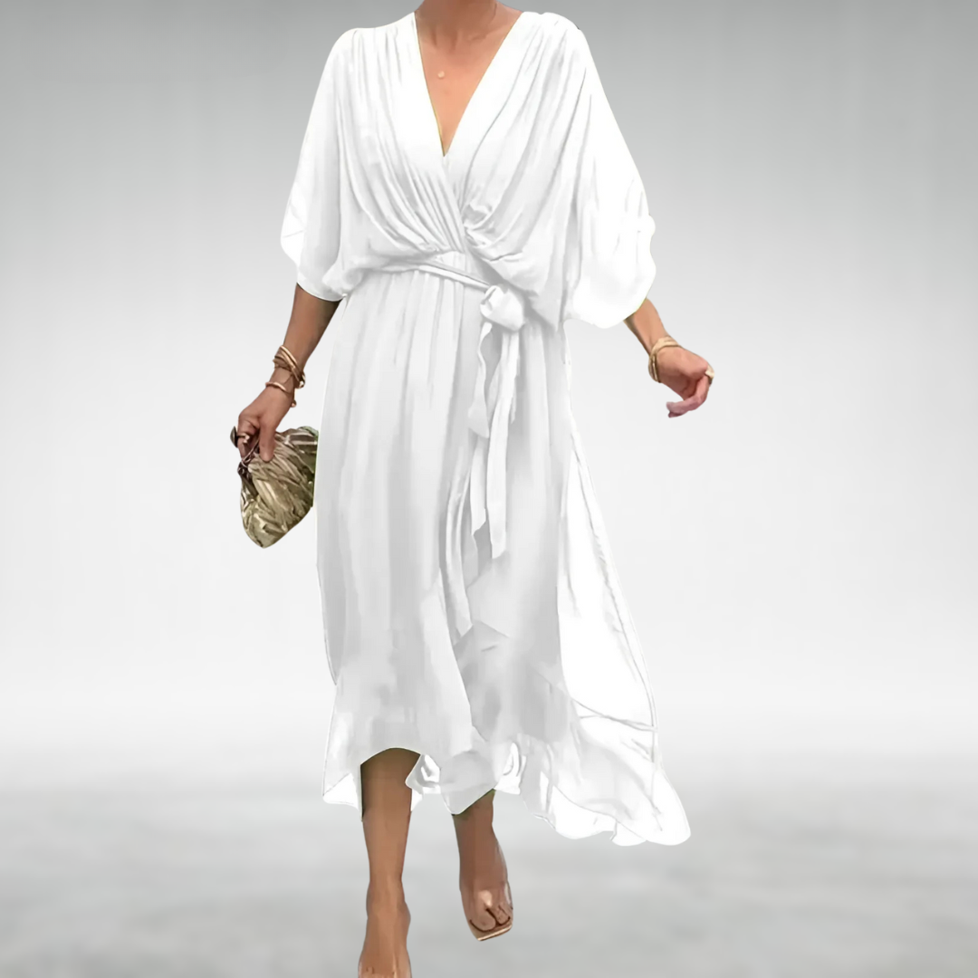 Nell | Women's Wrap Maxi Dress V-Neck Wide Sleeves Asymmetric Hem
