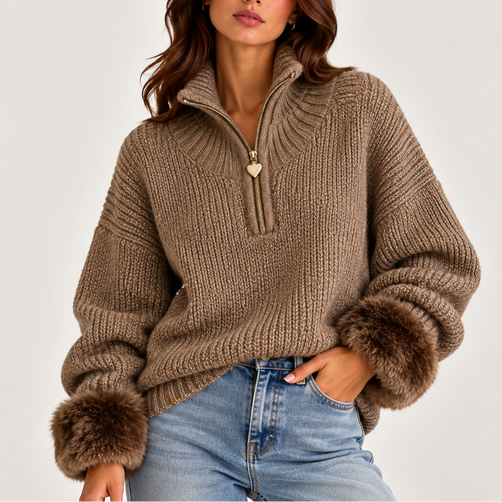 Naomi | Women's Oversized Half-Zip Knit Jumper with Faux Fur Cuffs
