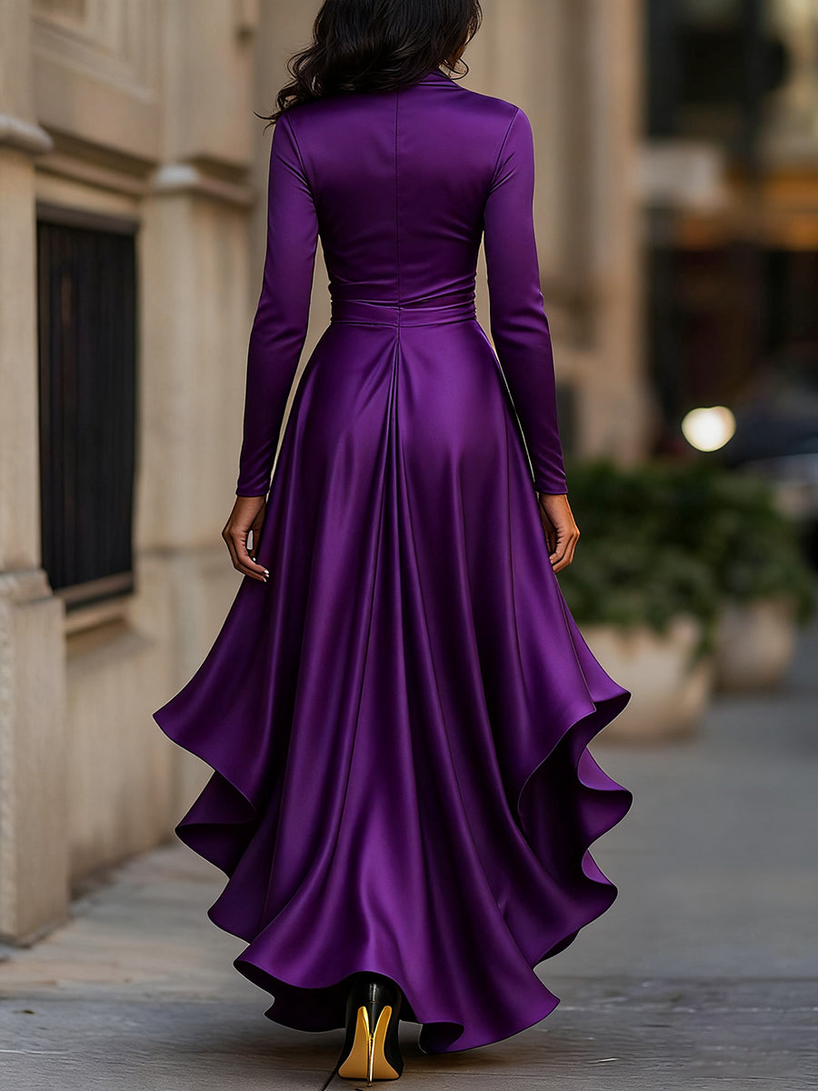 Midnight Blue Satin Maxi Dress | Draped Wrap Style | Ruffle Hem | Elegant Evening Look