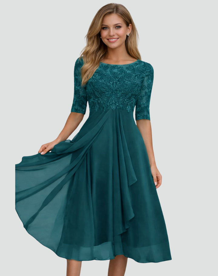 Ruby | Women's Lace Midi Party Dress Three-Quarter Sleeve Tulle Skirt
