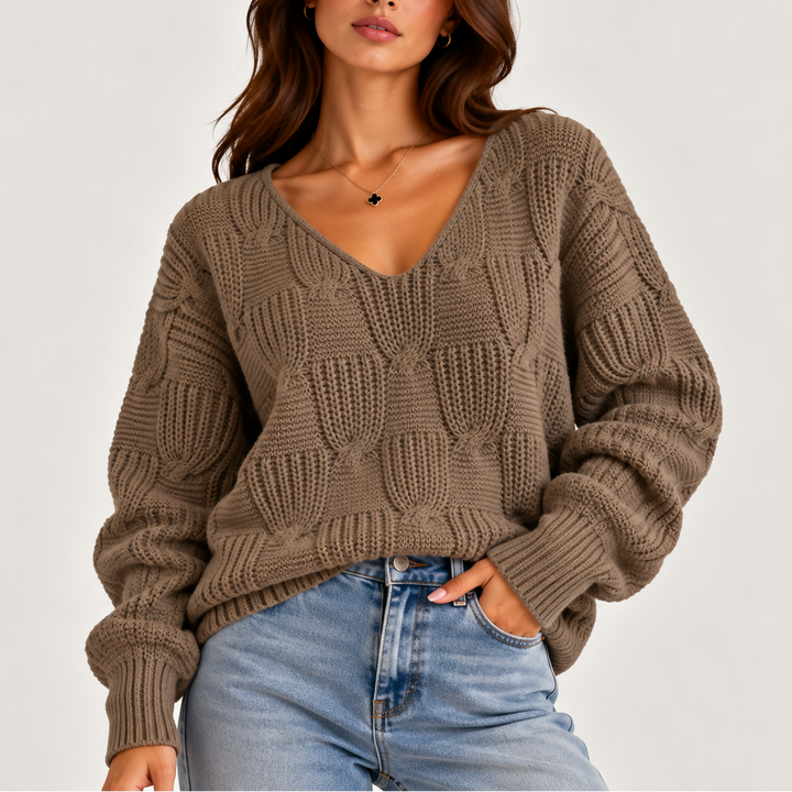 Abigail | Women's Oversized Cable Knit V-Neck Jumper Ribbed Cuffs