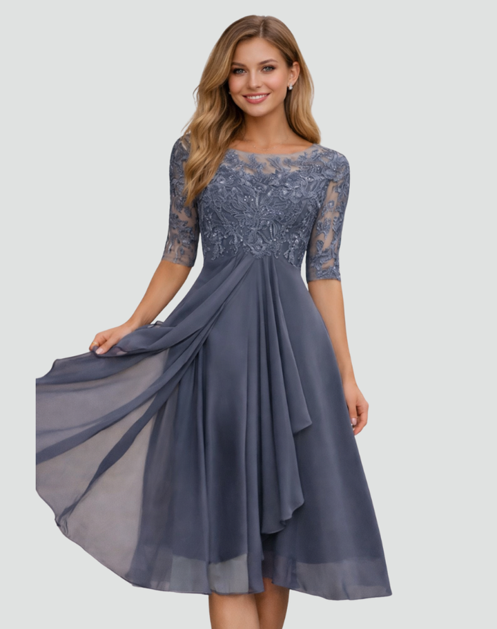 Ruby | Women's Lace Midi Party Dress Three-Quarter Sleeve Tulle Skirt