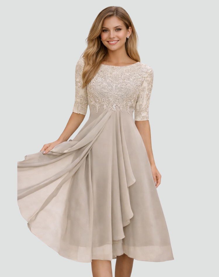Ruby | Women's Lace Midi Party Dress Three-Quarter Sleeve Tulle Skirt