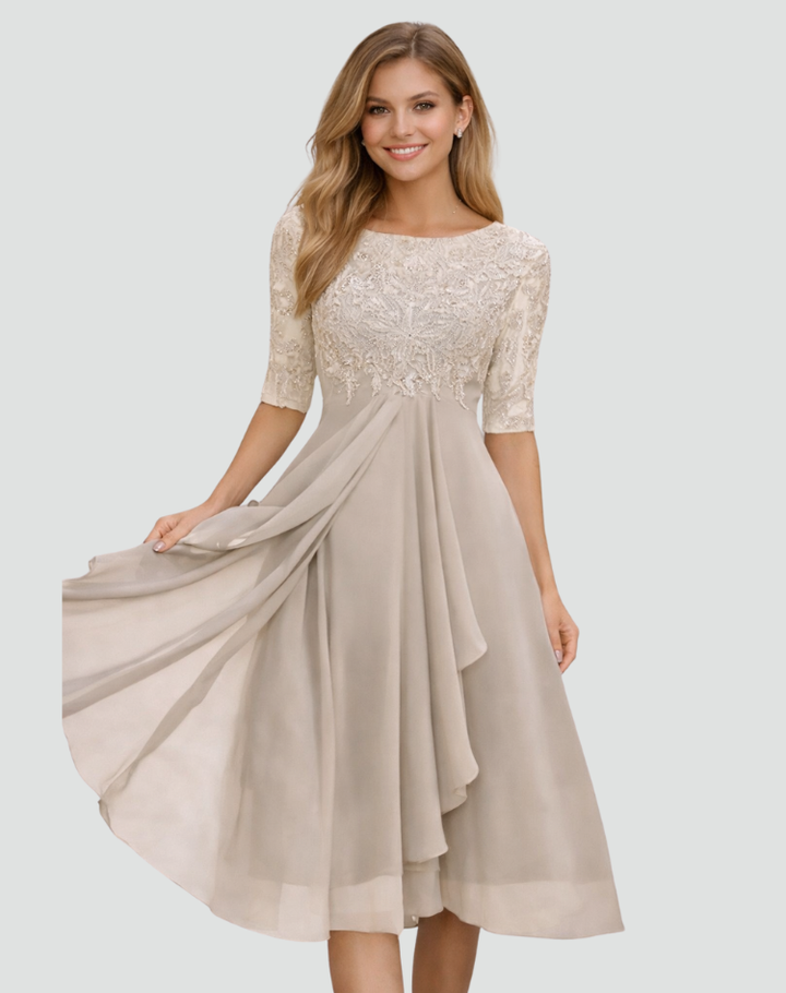 Ruby | Women's Lace Midi Party Dress Three-Quarter Sleeve Tulle Skirt