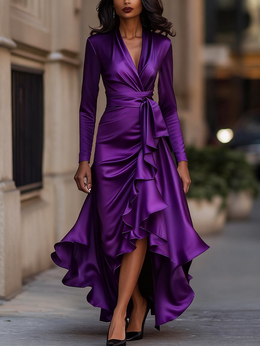 Midnight Blue Satin Maxi Dress | Draped Wrap Style | Ruffle Hem | Elegant Evening Look