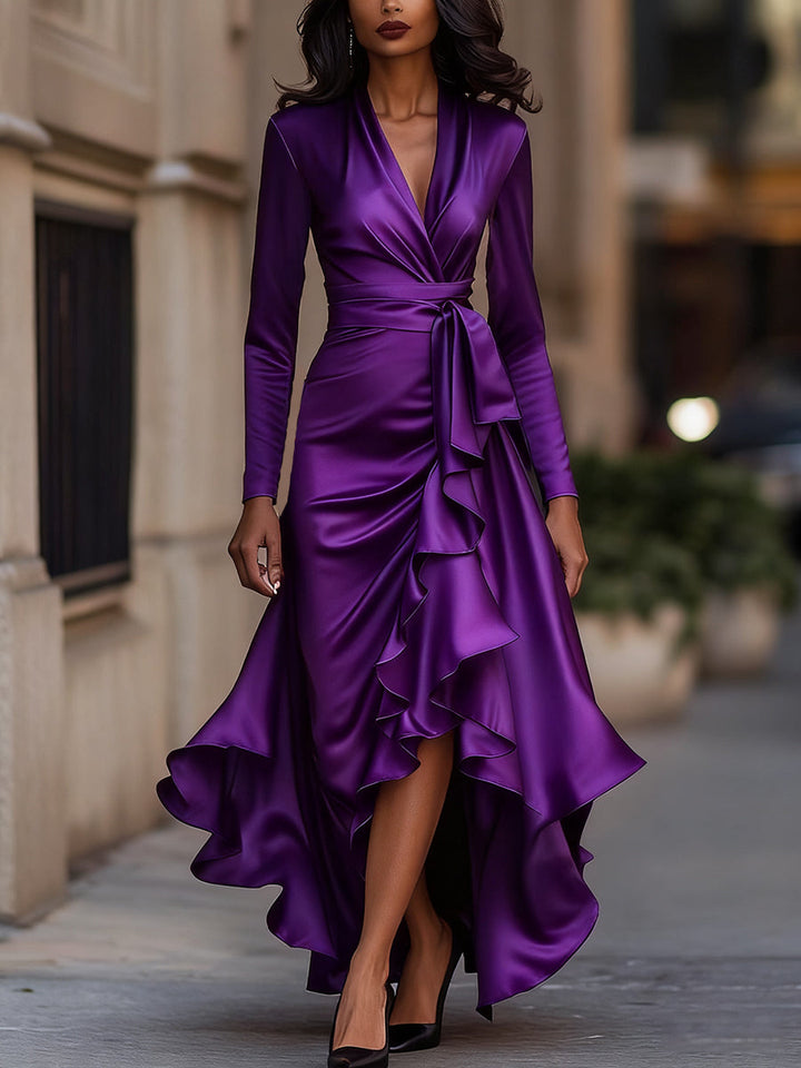 Midnight Blue Satin Maxi Dress | Draped Wrap Style | Ruffle Hem | Elegant Evening Look