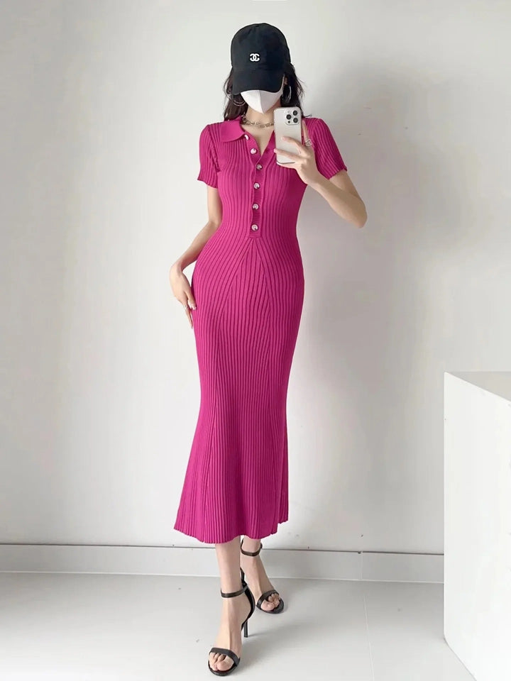 Freya | Women's Ribbed Polo Collar Midi Dress Button Front Bodycon