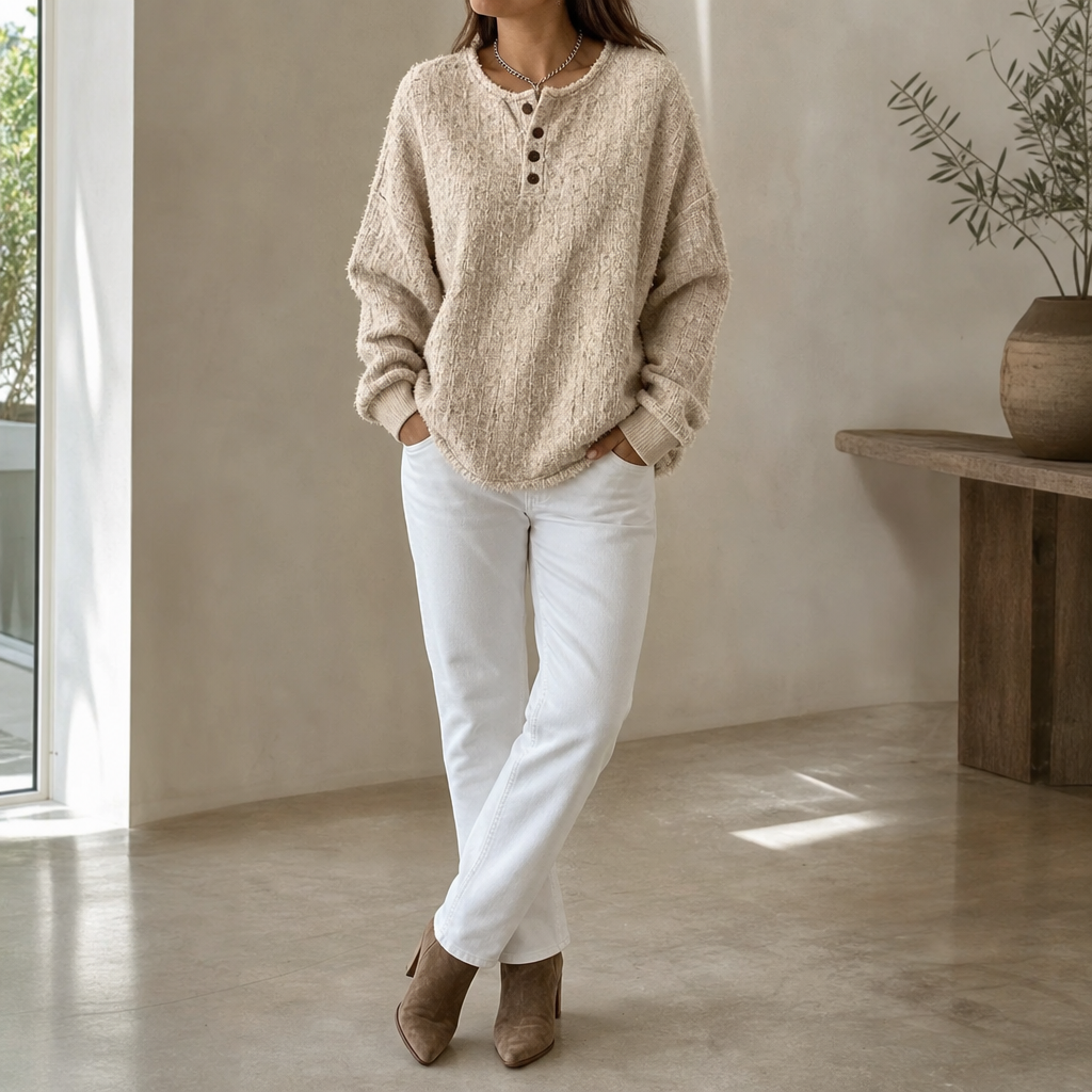 Mila | Women's Chunky Knit Henley Jumper Marl Texture Dropped Shoulder