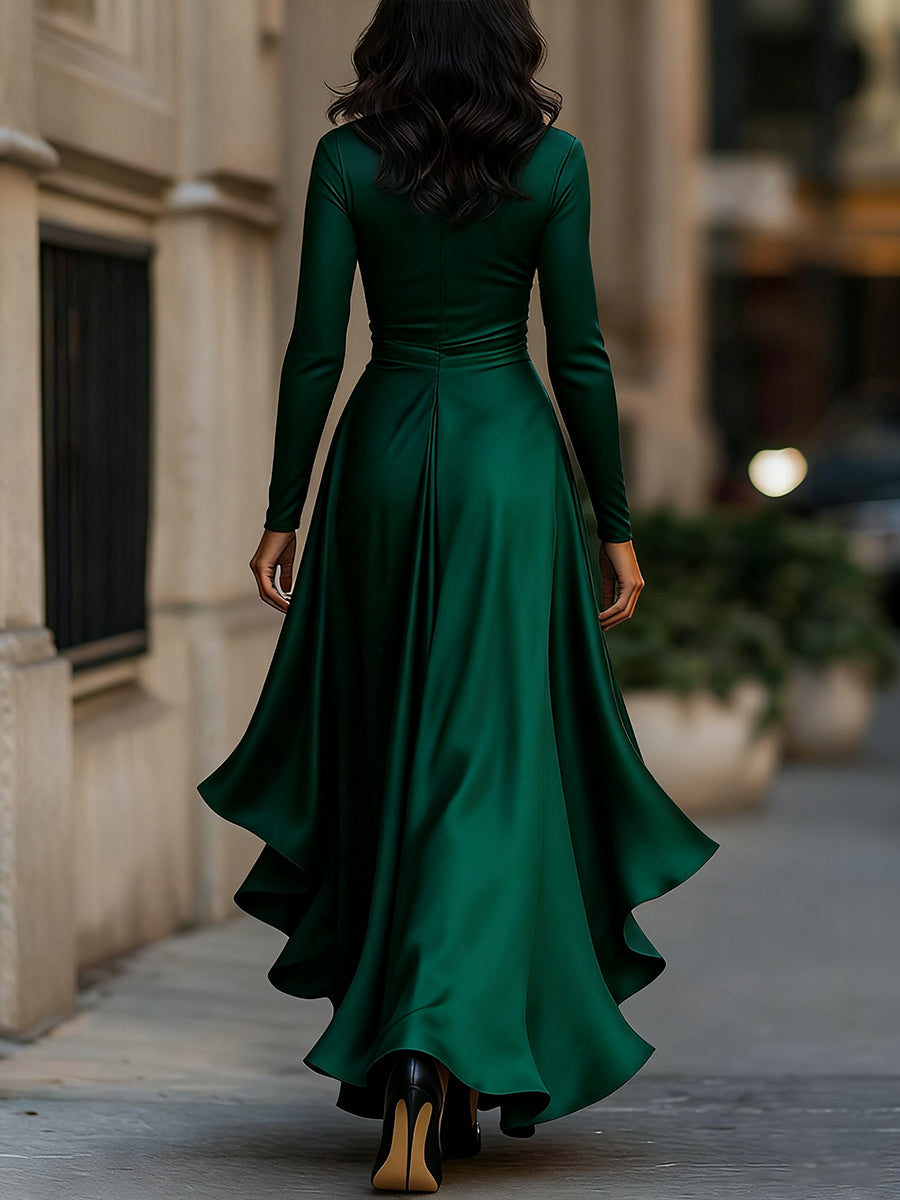 Midnight Blue Satin Maxi Dress | Draped Wrap Style | Ruffle Hem | Elegant Evening Look