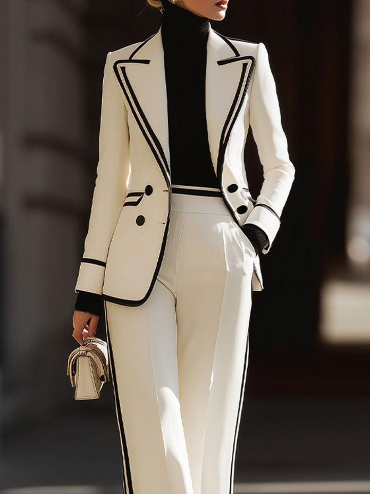 White Double-Breasted Suit Set | Black Contrast Trim | Tailored Power Look | Modern Elegance