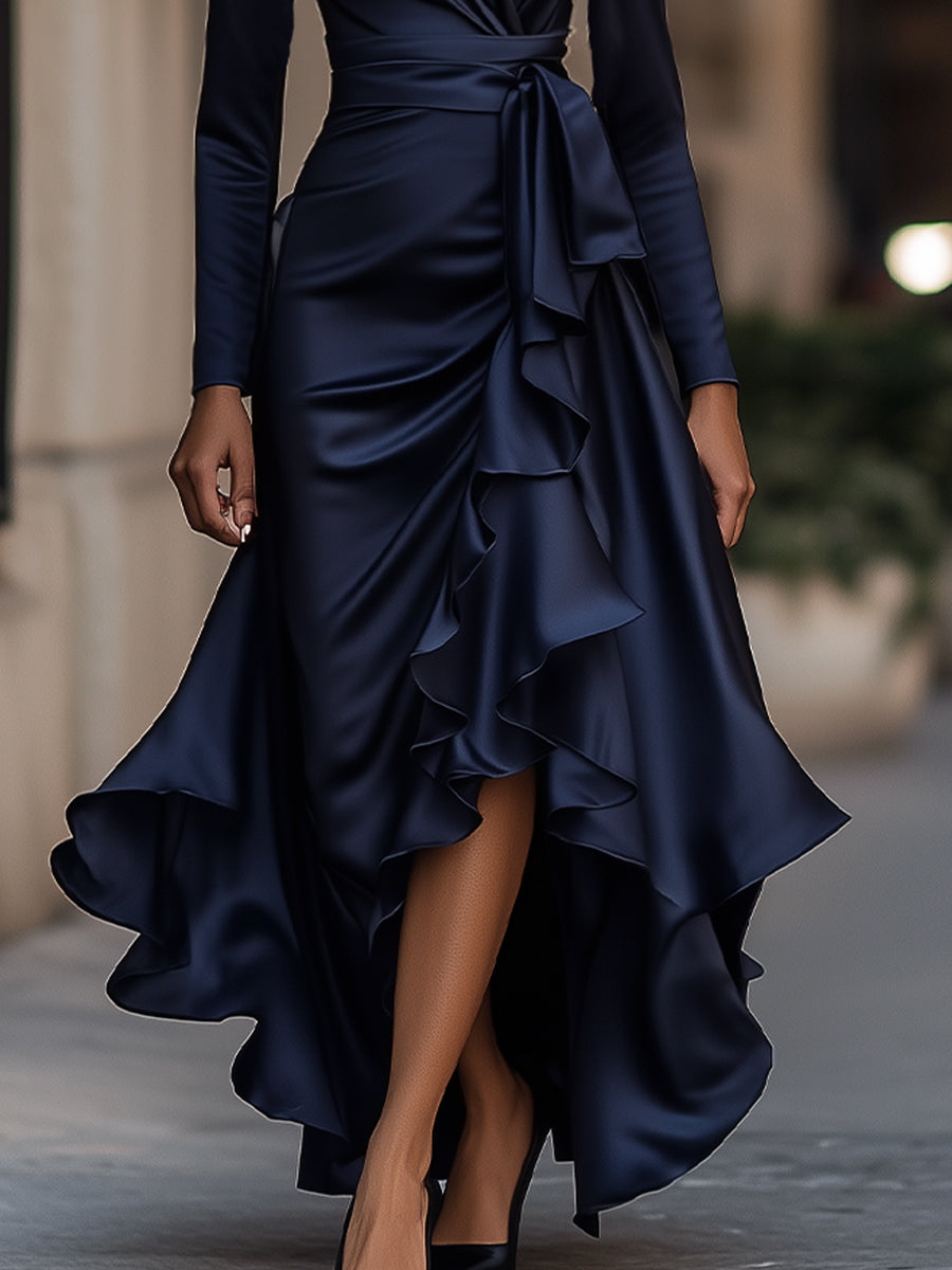 Midnight Blue Satin Maxi Dress | Draped Wrap Style | Ruffle Hem | Elegant Evening Look