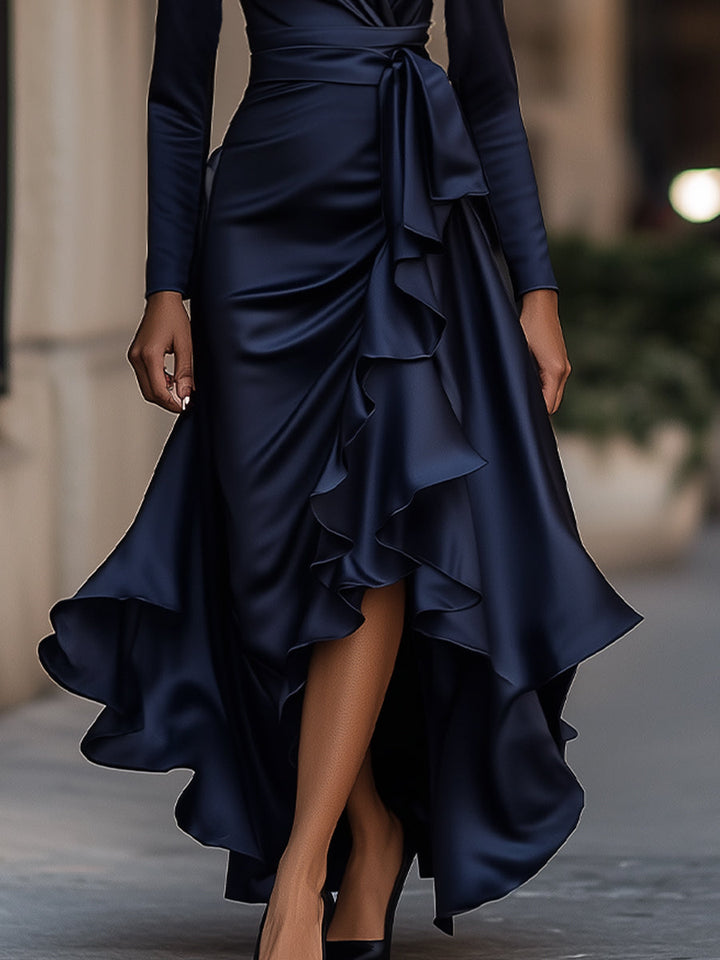 Midnight Blue Satin Maxi Dress | Draped Wrap Style | Ruffle Hem | Elegant Evening Look