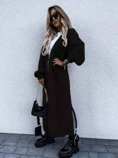 Sidonia | Women's Long Chunky Knit Cardigan Side Slits Open Front