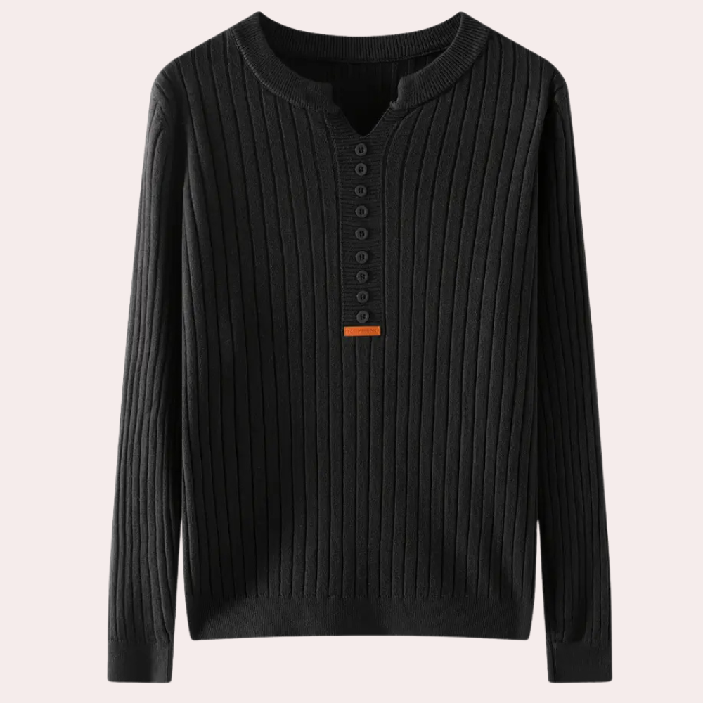 Orla | Women's Ribbed Knit Jumper Notched Neck Button Placket