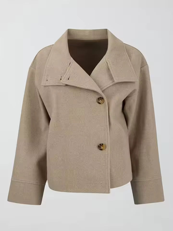 Women’s High Collar Short Jacket – Asymmetric Button Layer for Smart Casual Wear