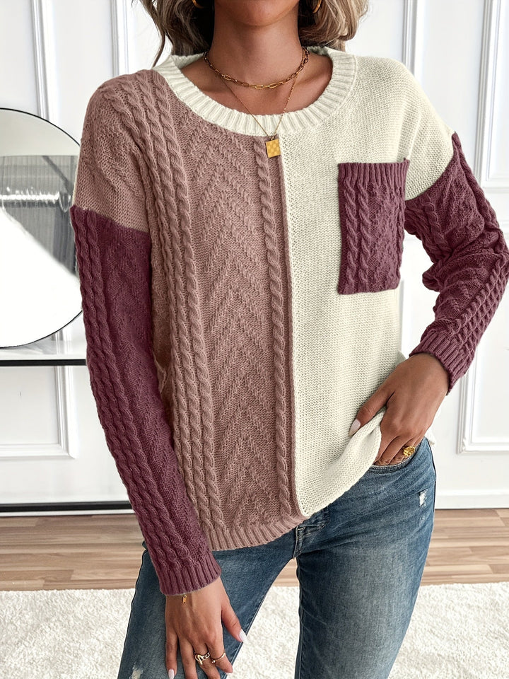 Delia | Women's Two-Tone Cable Knit Jumper Crew Neck Front Pocket
