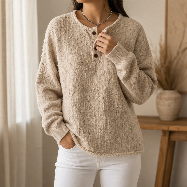 Mila | Women's Chunky Knit Henley Jumper Marl Texture Dropped Shoulder