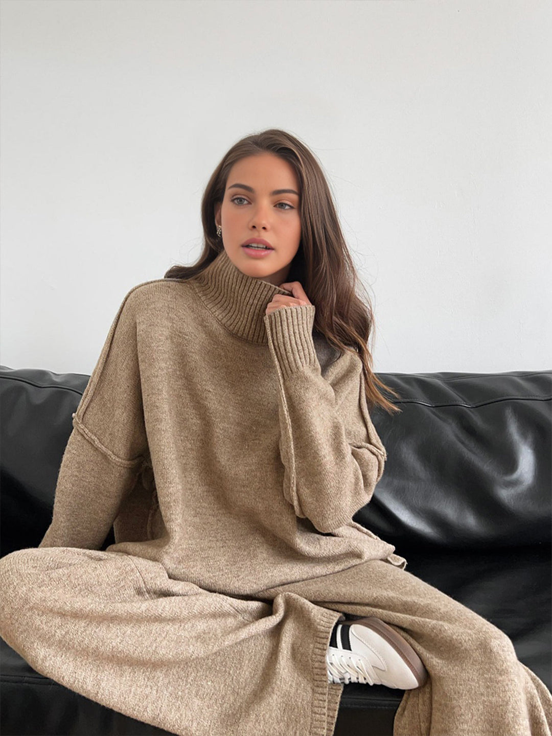 Lucy | Women's Knitted Roll Neck Lounge Set with Wide-Leg Trousers