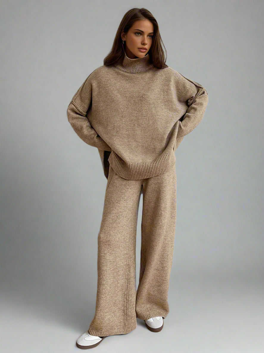 Lucy | Women's Knitted Roll Neck Lounge Set with Wide-Leg Trousers