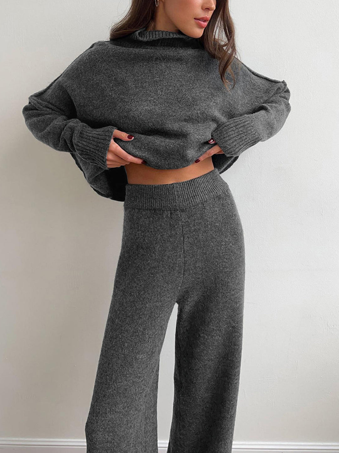 Lucy | Women's Knitted Roll Neck Lounge Set with Wide-Leg Trousers