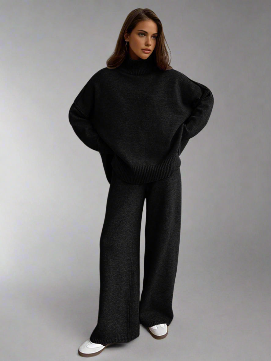 Lucy | Women's Knitted Roll Neck Lounge Set with Wide-Leg Trousers