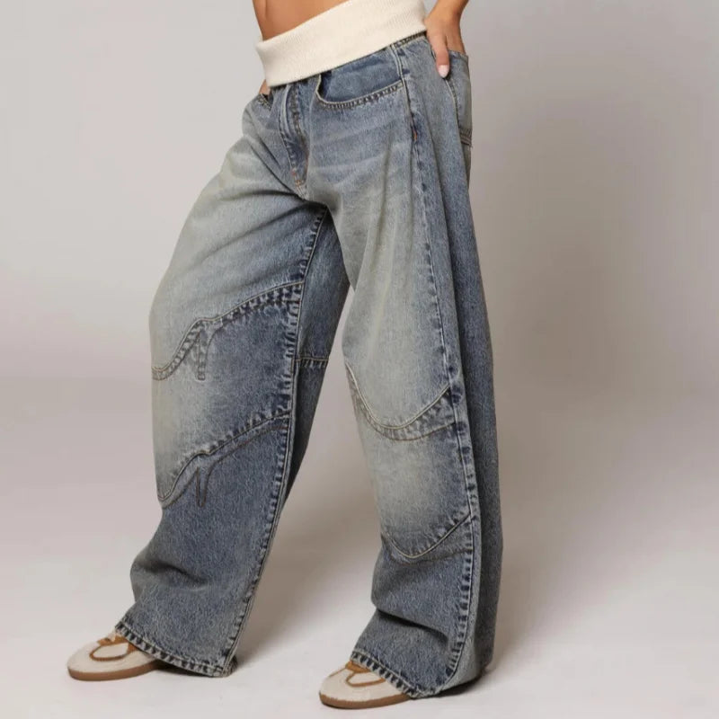 Willow | Women's Baggy Jeans Extra Wide Leg Curved Seams Ribbed Waist