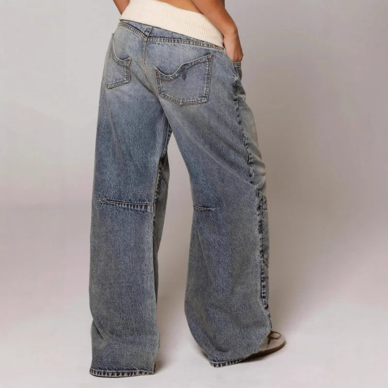 Willow | Women's Baggy Jeans Extra Wide Leg Curved Seams Ribbed Waist