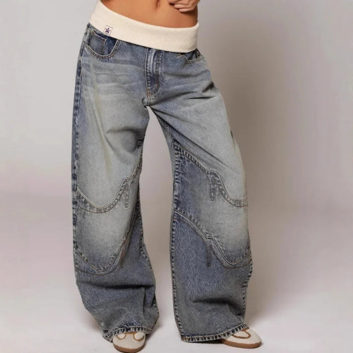 Willow | Women's Baggy Jeans Extra Wide Leg Curved Seams Ribbed Waist