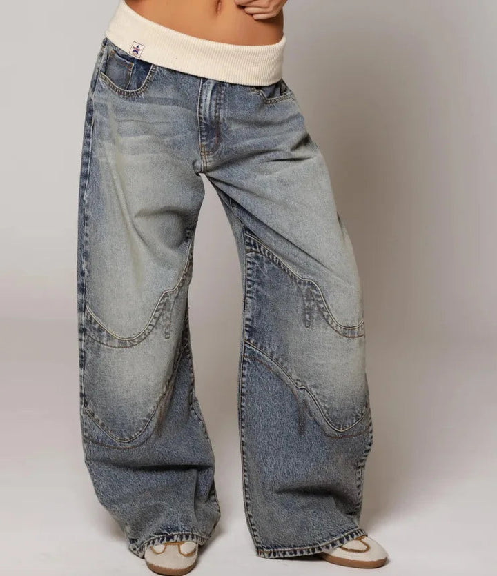 Willow | Women's Baggy Jeans Extra Wide Leg Curved Seams Ribbed Waist