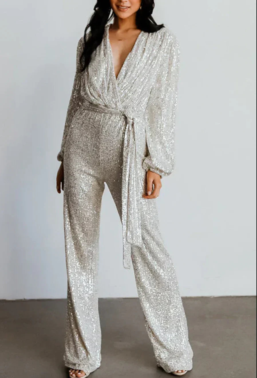 Women’s Sequin Jumpsuit – Belted Wide-Leg Style for Evening Events