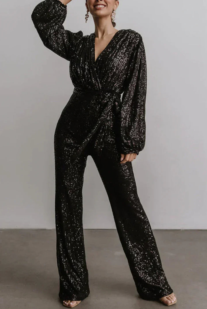 Women’s Sequin Jumpsuit – Belted Wide-Leg Style for Evening Events