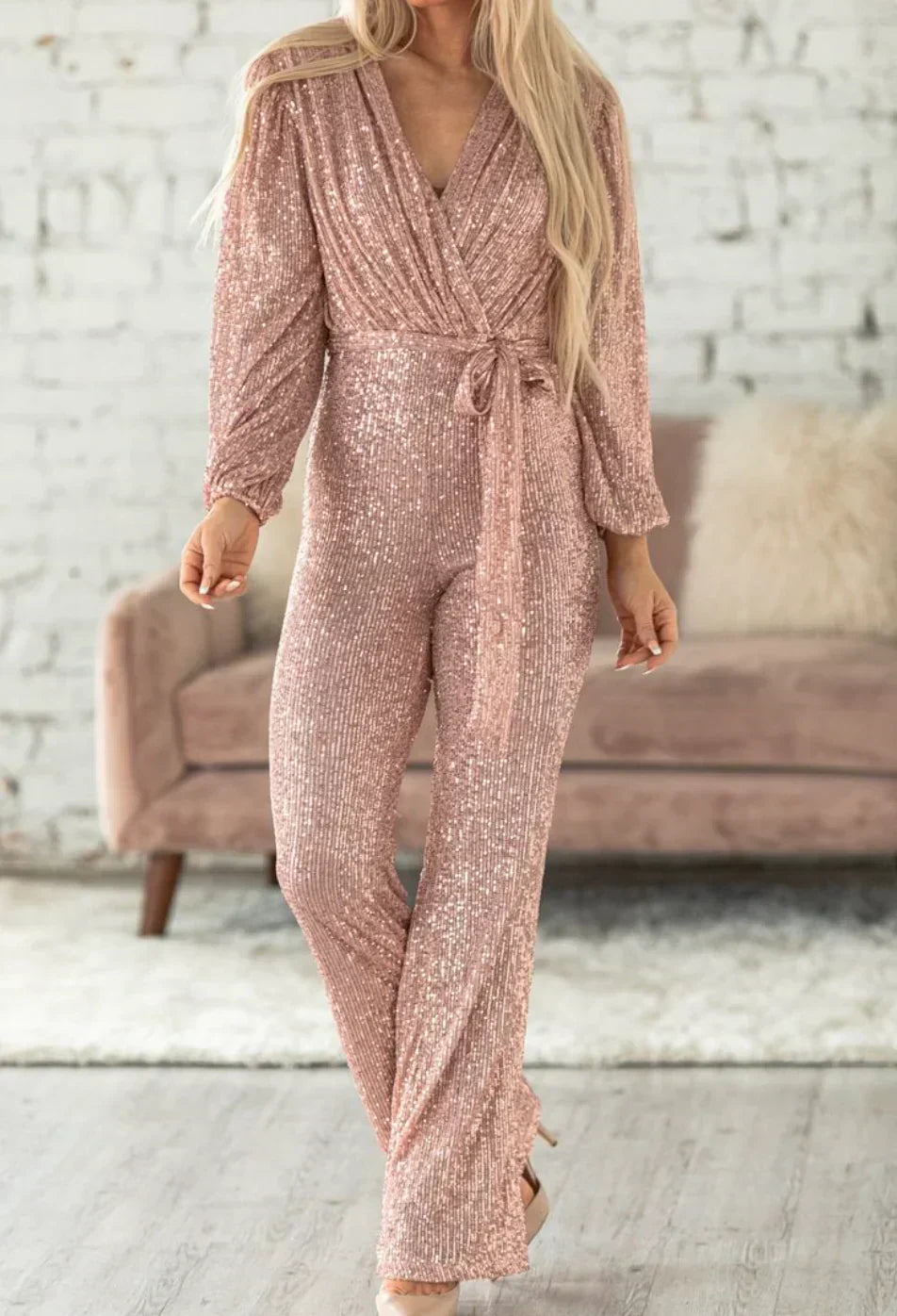 Women’s Sequin Jumpsuit – Belted Wide-Leg Style for Evening Events