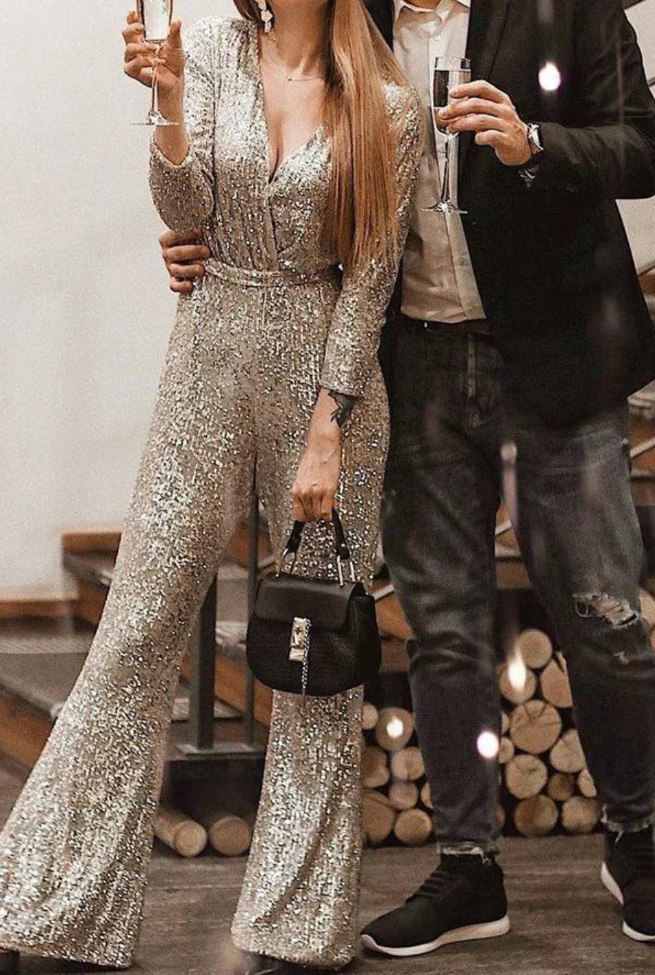 Women’s Sequin Jumpsuit – Belted Wide-Leg Style for Evening Events