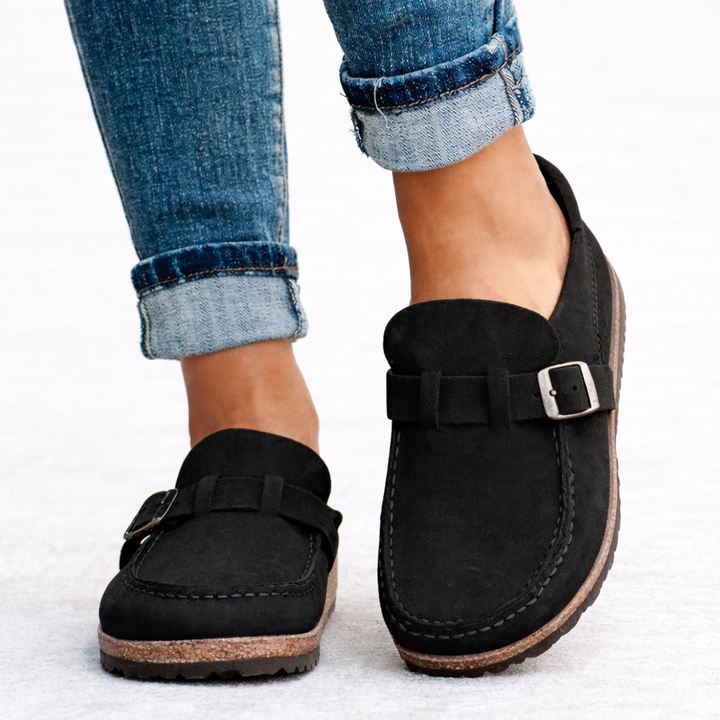 Tabitha | Women's Slip-On Loafers Buckle Detail Suede-Style