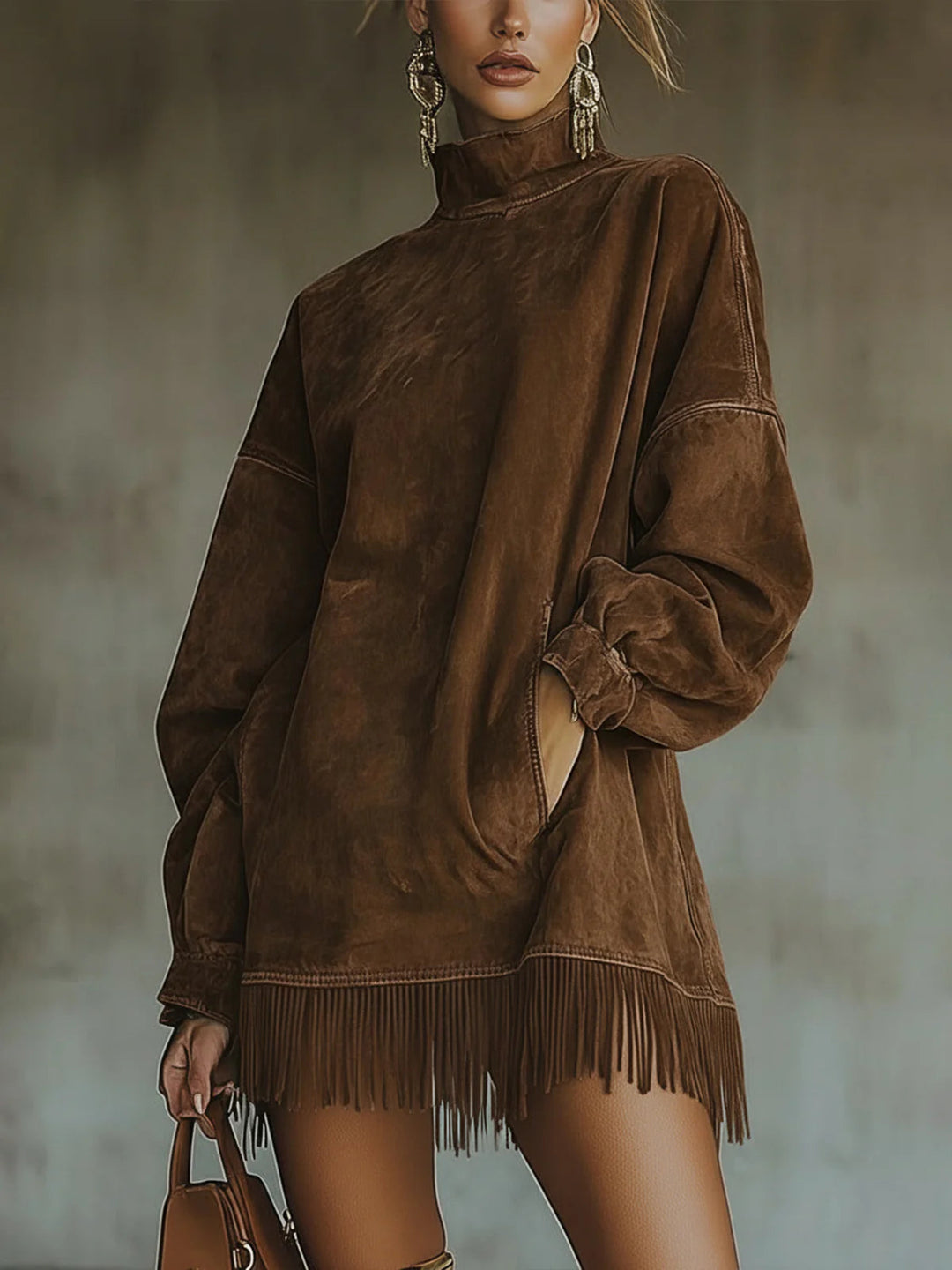 Sheri | Women's Faux Suede Fringe Roll Neck Mini Dress Relaxed Fit