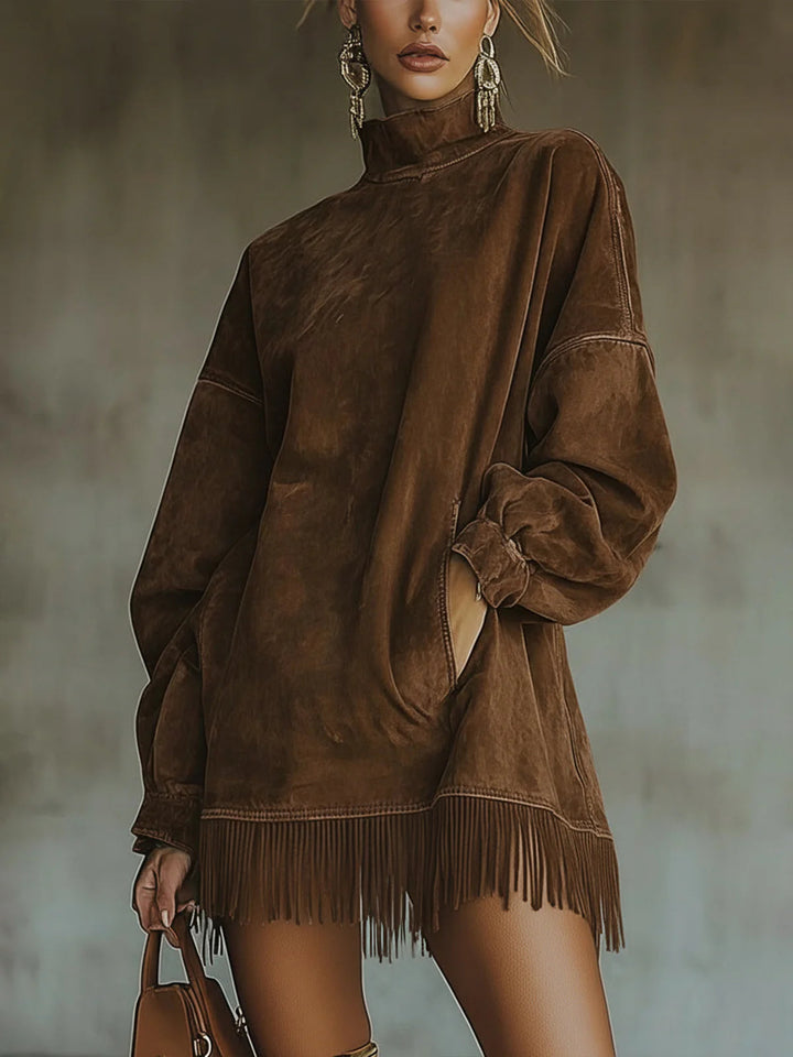 Sheri | Women's Faux Suede Fringe Roll Neck Mini Dress Relaxed Fit