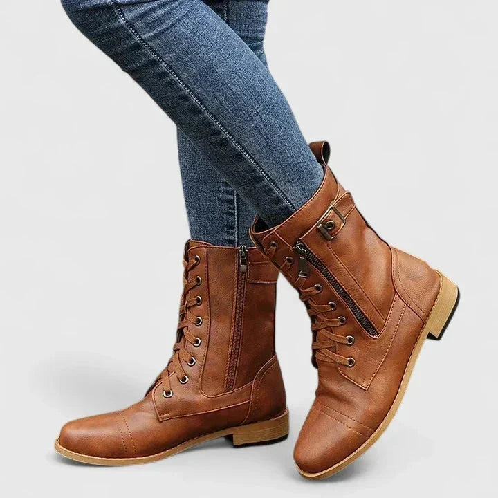 Evelyn | Women's Lace-Up Ankle Boots Side Zip Buckle Block Heel