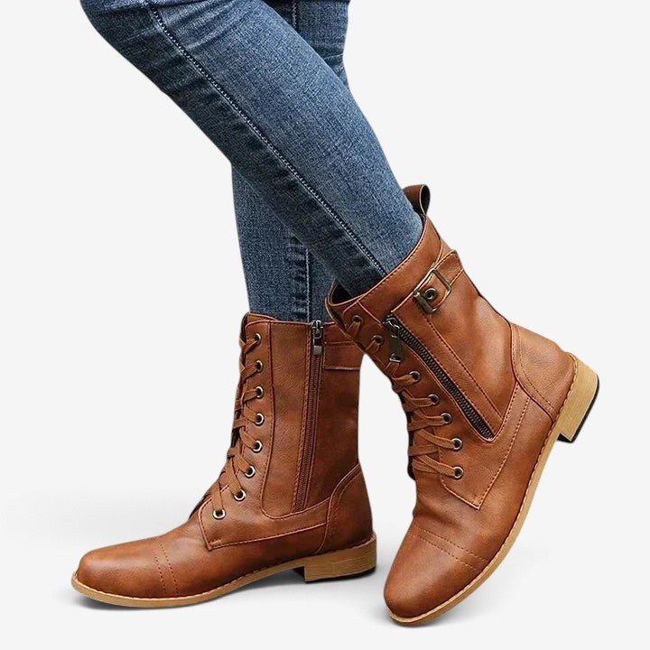 Evelyn | Women's Lace-Up Ankle Boots Side Zip Buckle Block Heel