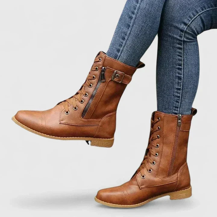Evelyn | Women's Lace-Up Ankle Boots Side Zip Buckle Block Heel