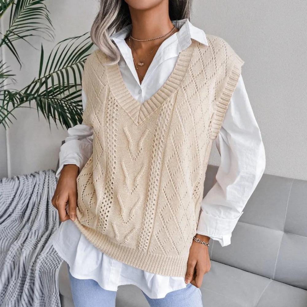 Women’s Openwork Sweater Vest with Ribbed V Neck and Relaxed Fit