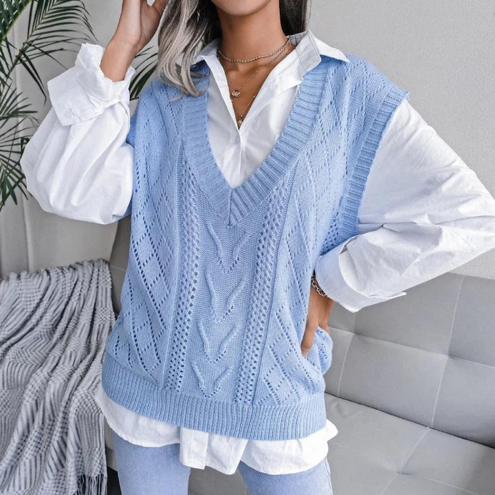 Women’s Openwork Sweater Vest with Ribbed V Neck and Relaxed Fit