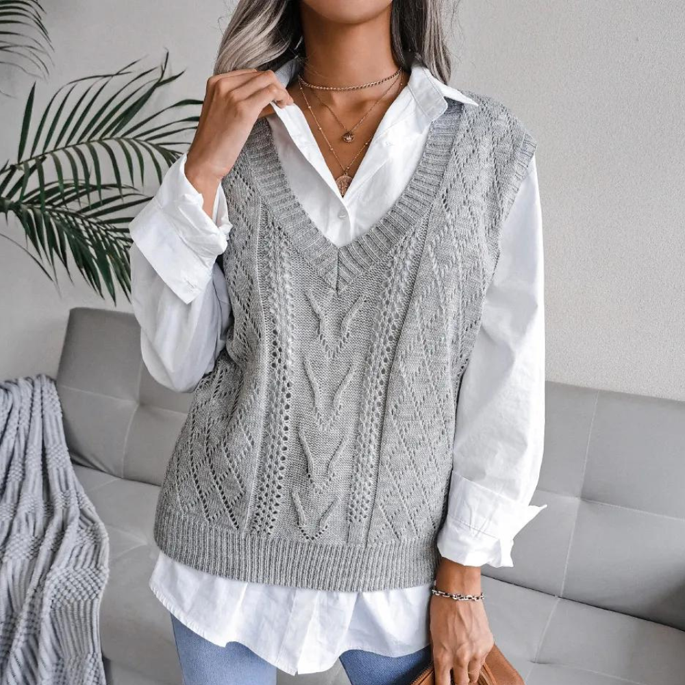 Women’s Openwork Sweater Vest with Ribbed V Neck and Relaxed Fit