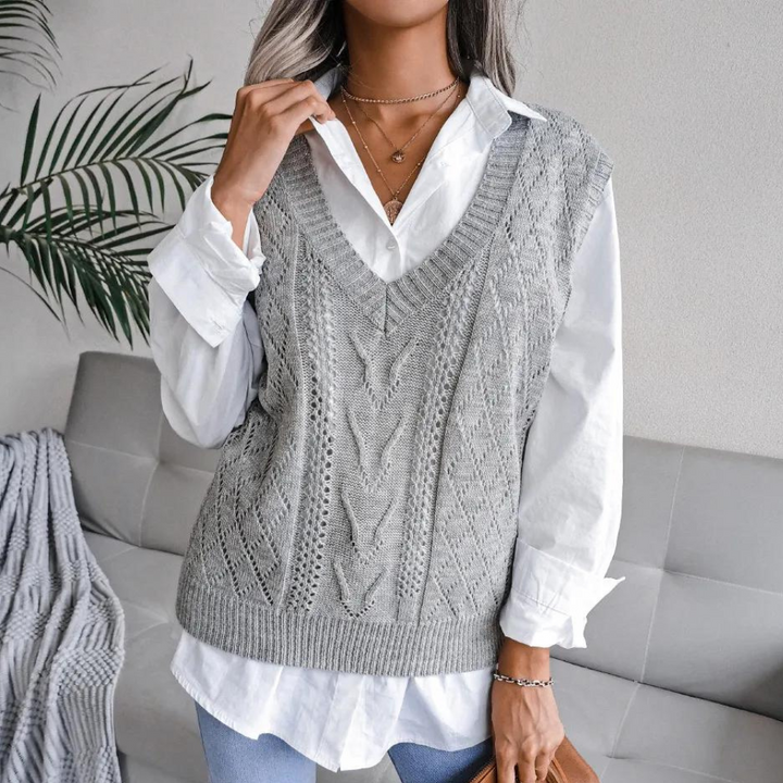 Women’s Openwork Sweater Vest with Ribbed V Neck and Relaxed Fit